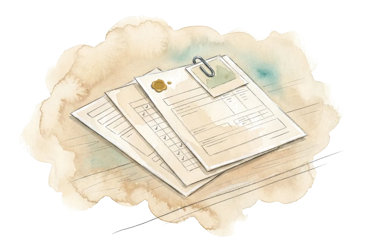 Illustration eines Klemmbrettsm mit mehrstufigem Formular: Textfelder, Datei-Upload und Bestätigung.