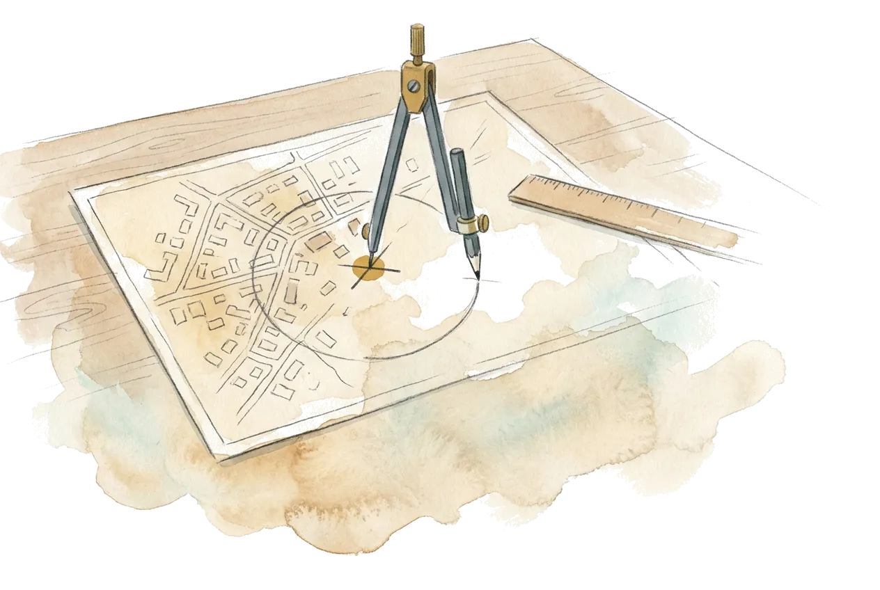 Illustration einer Lupe über einer Stadtkarte, die ein hervorgehobenes Gebäude mit Standortpin markiert: lokale Suchoptimierung.