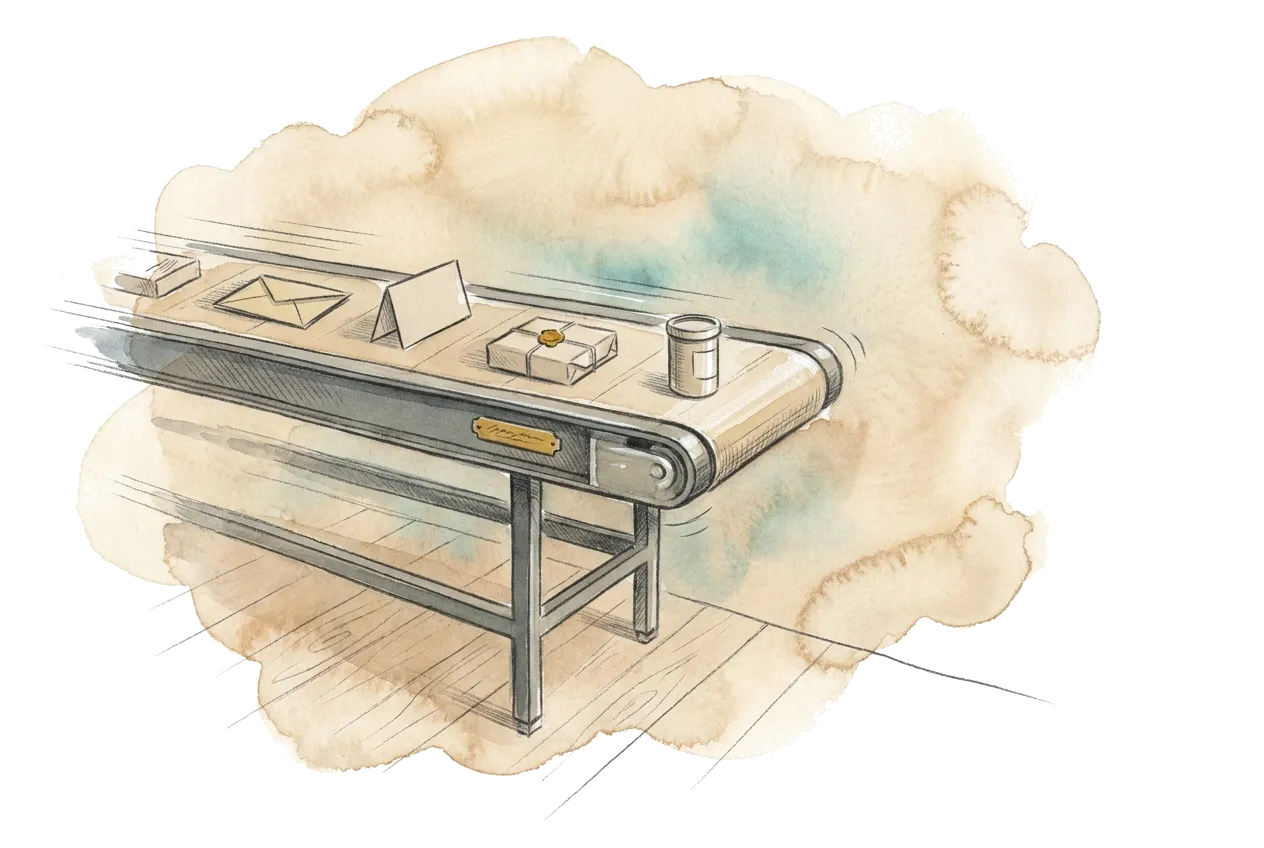 Illustration einer eleganten Kettenreaktion: Formular löst Domino aus, kippt Hebel, sendet E-Mail, aktualisiert Dashboard.